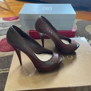 Miu Miu Brown Python Peep Toe Platform Heels - Size 38.5.